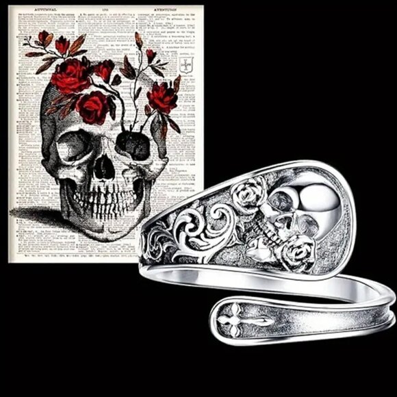 Boho Rocker Skull and Rose Adjustable Spoon Ring #1350 - Picture 3 of 9